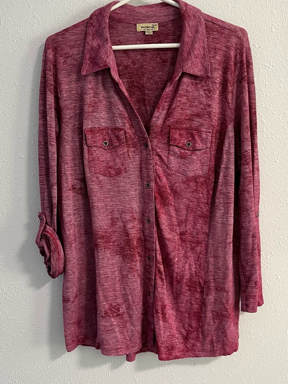 ONE WORLD Marled Button-Front Shirt in Wine Size 2XL